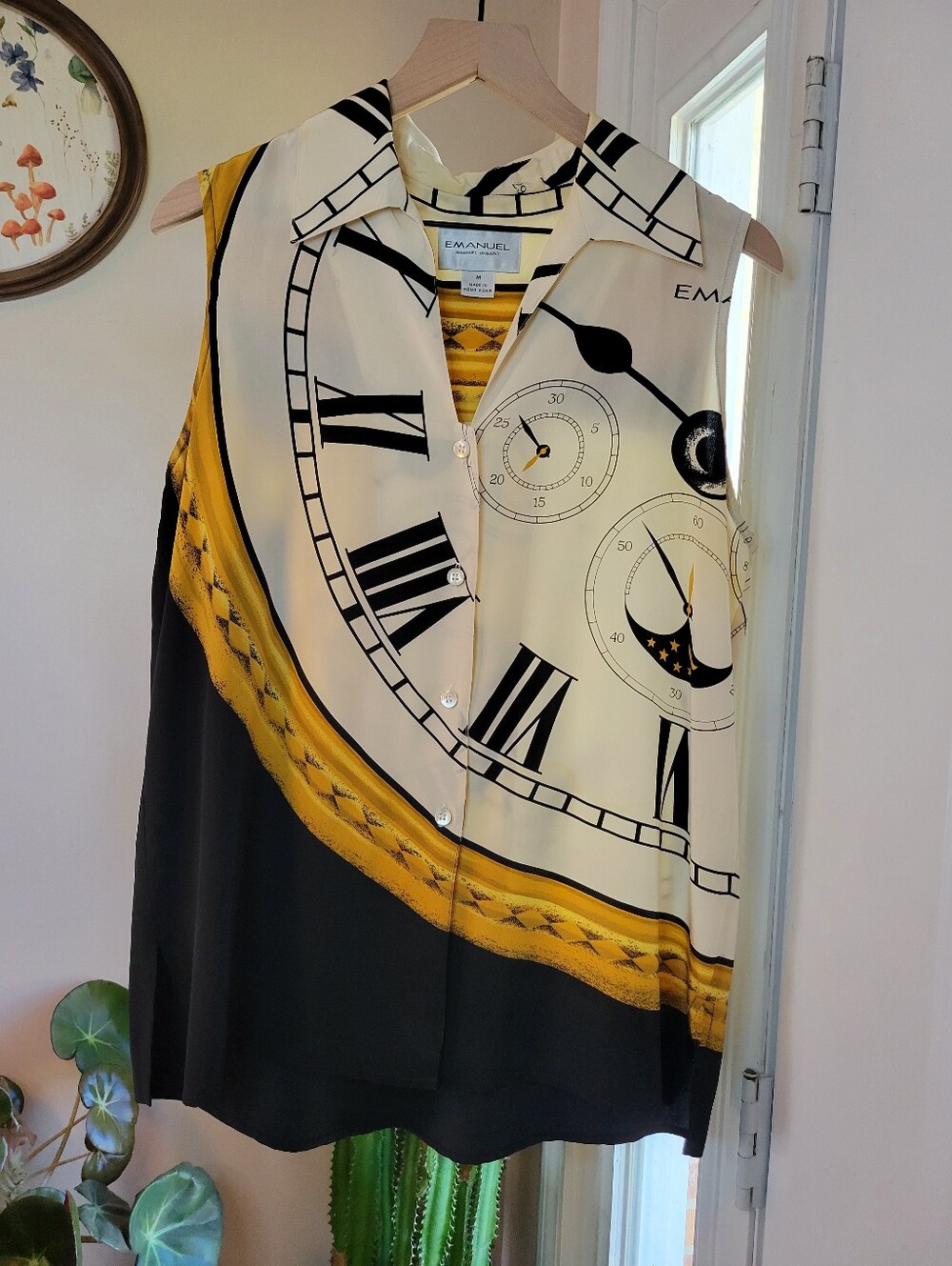 Vintage Emanuel Ungaro 100% Silk Clock Printed Sleeveless Blouse, Size Medium